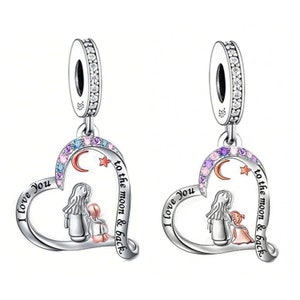 母と娘と息子の「I Love You To The Moon & Back」ペンダントチャーム、925 スターリングシルバーチャーム、パンドラブレスレット用チャーム、パンドラチャームにフィット