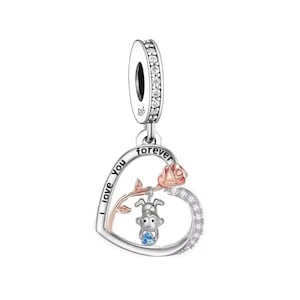Macaco segurando coração pendurado em rosa fluxo amor charme, ajuste Pandora encantos, encantos para pulseira Pandora, 925 encantos de prata esterlina