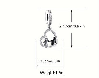 Penguin Hand in Hand Love Heart Pendant Charm, 925 Sterling Silver