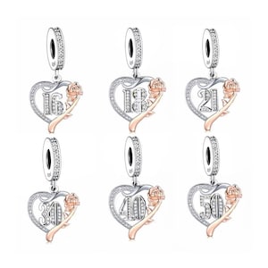 13th 16th 18th 21th 30th 40th 50th 60th 70th 80th Rose Flower Heart Charm, Fit Pandora Charms, 925 Sterling Silver Charms