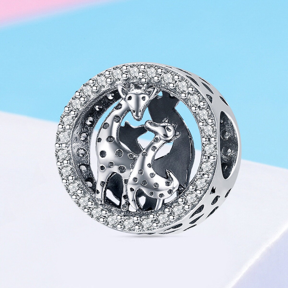 Ciondolo Per Bracciale In Argento 925 Con Mamma Giraffa E Cucciolo E Zirconi - Nuovo In Scatola