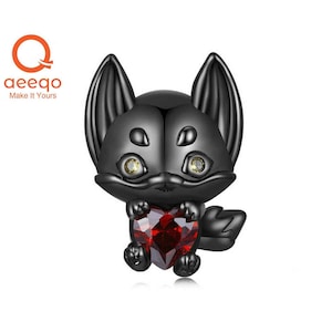 aeeqo Ciondoli di volpe per bracciale Pandora, Ciondoli Pandora adatti, Ciondolo con zirconi a cuore rosso con volpe placcata in oro nero, Ciondoli in argento sterling 925