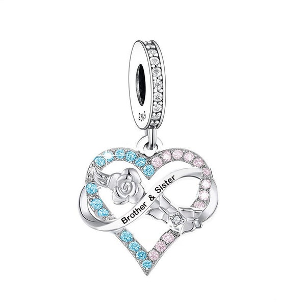 Bruder und Schwester, Du und ich Endlose Liebe Herz Anhänger, Charms für Pandora Armband, 925 Sterling Silber Charms, passend für Pandora Charms