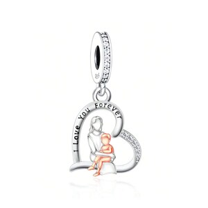 Charm de corazón de niño sentado en el regazo de su madre, charms de plata de ley 925, charms para pulsera Pandora, charms compatibles con Pandora