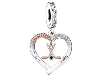 I Love Hockey Sport hart bedel, voor pandora bedelarmband, bedels voor pandora armband, pasvorm pandora bedels, 925 sterlingzilveren bedels