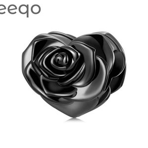 925 Sterling Silver Charms, Charms for Pandora Bracelet, Love Black Rose Heart Charm, Charms for Bracelet, Fit Pandora Charms