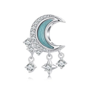 Blue Luminous Stone Moon and Star Charm, Charms for Pandora Bracelet, 925 Sterling Silver Charms, Fit Pandora Charms