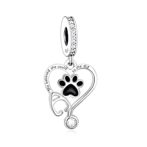 Estetoscópio veterinário Animal Paw Heart Charm, 925 Sterling Silver Charms, Charms para pulseira Pandora, Fit Pandora Charms