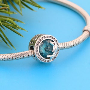 Light Blue Zirconia Dolphin Bead Charm, Charms for Pandora Bracelet, Charms for Bracelet, Fit Pandora Charms, 925 Sterling Silver Charms