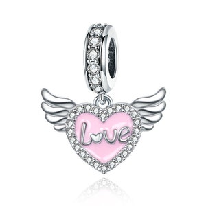 Angel Wings Pink Heart Charm, 925 Sterling Silver Charms, For Pandora Charm Bracelet, Charms for Pandora Bracelet, Fit Pandora Charms
