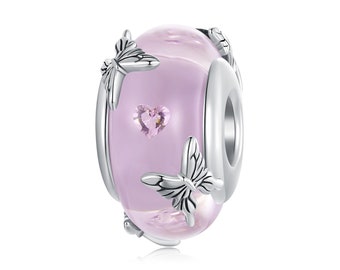 ピンクガラスの蝶のチャーム、パンドラチャームブレスレット用