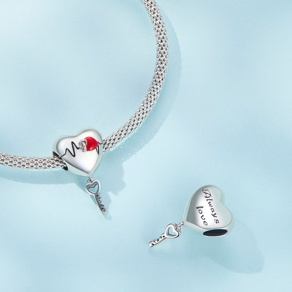 Key to Heart Red Enamel Lock Charm, Charms for Pandora Bracelet
