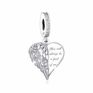 Encanto del corazón de alas de ángel, siempre serás parte de mí encanto, encantos para pulsera Pandora, encanto de Pandora ajuste, encantos de plata de ley 925