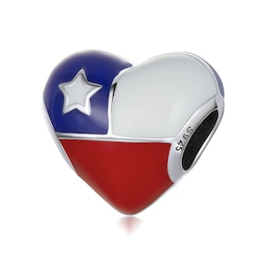 Encanto del corazón de la bandera chilena, encantos de Pandora aptos, encantos para la pulsera de Pandora, para la pulsera del encanto de Pandora, encantos de plata de ley 925