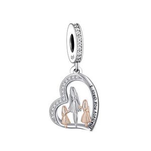 Charm de corazón con la frase "Te amo por siempre" para madre con dos hijas, charms de plata de ley 925, charms compatibles con Pandora, charms para pulsera Pandora