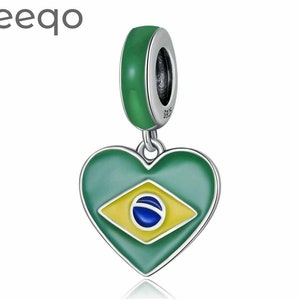 Brazilian Flag Heart Pendant Charm, Charms for Pandora Bracelet, Charms for Bracelet, 925 Sterling Silver Charms, Fit Pandora Charms