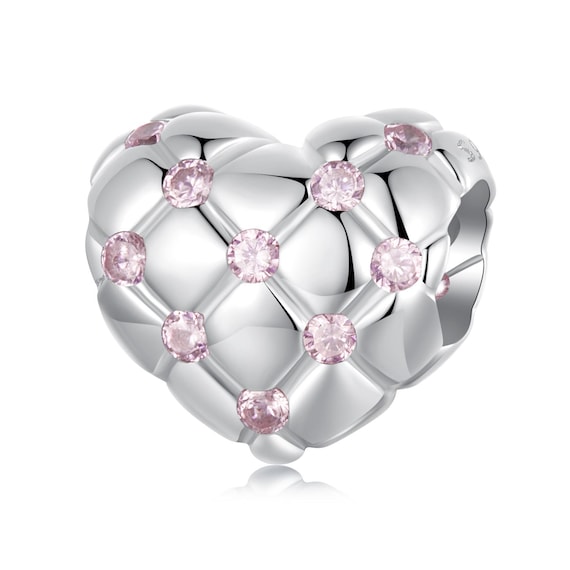 Pink Diamond Pattern Love Heart Charm, 925 Sterling Silver Charms