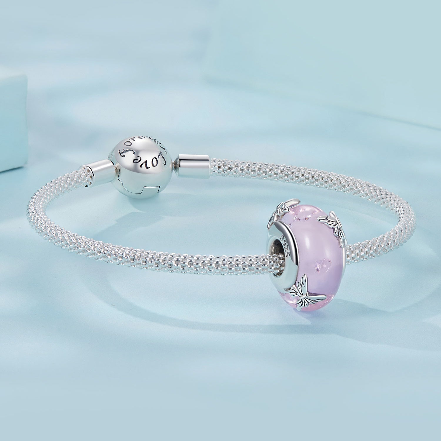 ピンクガラスの蝶のチャーム、パンドラチャームブレスレット用