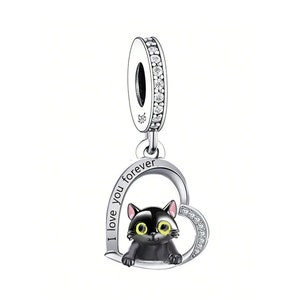 かわいい黒猫ハートペンダントチャーム、パンドラチャームブレスレット用、パンドラブレスレット用チャーム、925スターリングシルバーチャーム、パンドラチャームにフィット