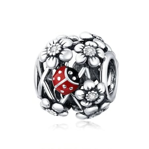 Flower Garden Red Enamel ladybug Charm,Charms for Pandora Bracelet,Charms for Bracelet,Fit Pandora Charms,925 Sterling Silver Charms