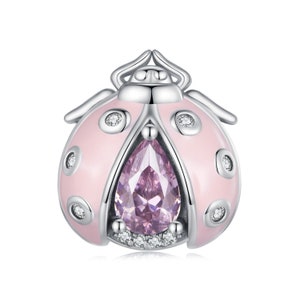 Pink Ladybird Charm, Pink Zircon Ladybug Charm, Fit Pandora Charms, Charms for Pandora Bracelet, 925 Sterling Silver Charms