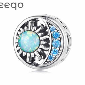 Sun & Moon Opal Bead Blue Zircon Charm, 925 Sterling Silver Charms, Fit Pandora Charms, Charms for Pandora Bracelet, Charms for Bracelet