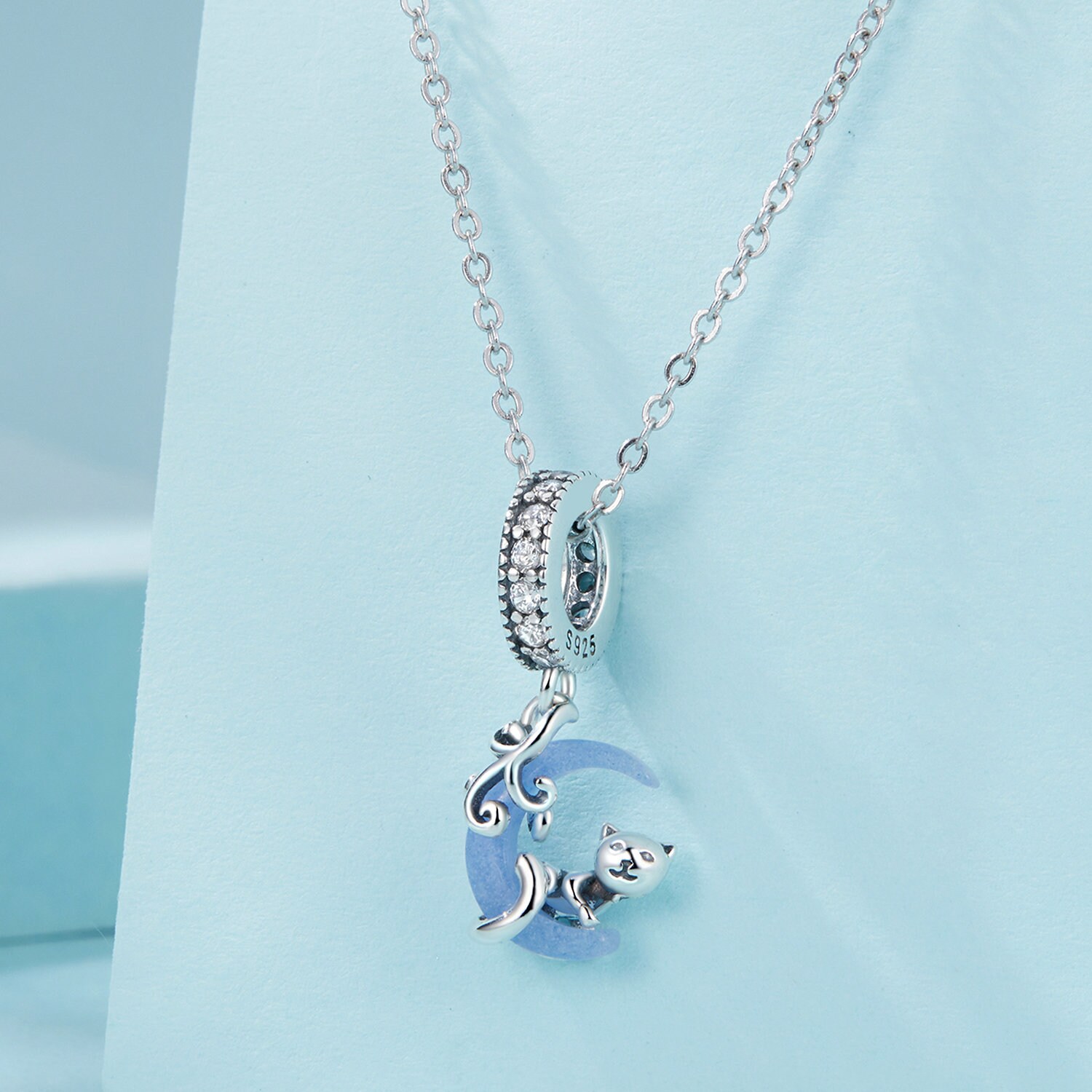 Ciondolo gatto luna opale, ciondoli in argento sterling 925, adatti ai ciondoli Pandora, ciondoli per braccialetti Pandora, per braccialetti con ciondoli Pandora - Italia