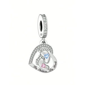 Charm de corazón con el mensaje "Mis hijos, mi mundo", de plata de ley 925, compatible con pulseras Pandora