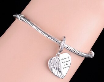 パンドラブレスレット用チャーム、エンジェルウィングハートダングル