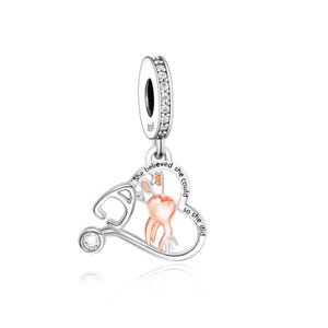 Dentista Estetoscópio Dentes Escova de Dentes Coração Charme, 925 Sterling Silver Charms, Charms para Pulseira Pandora, Fit Pandora Charms