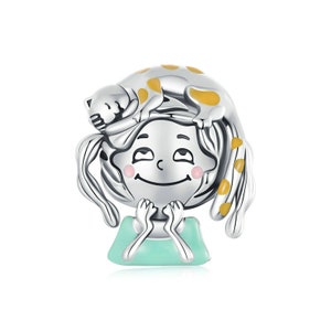 Cute Sleeping Cat Girl Charm, Charms for Pandora Bracelet, 925 Sterling Silver Charms, Fit Pandora Charms, For Pandora Charm Bracelet