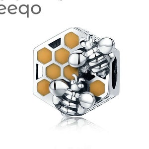 Charms for Pandora Bracelet, Charms for Bracelet, Fit Pandora Charms, Honeycomb Honey Bee Square Charm, 925 Sterling Silver Charms