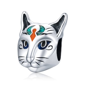 May include: Silver charm featuring a white cat head with blue eyes and a turquoise and orange design on its forehead.