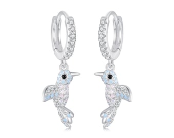 Shine Zircon Opal Bird Dangle Drop Hoop Earrings, Light Luxury Style Earrings, 925 Sterling Silver Earrings, Animals & Insects Jewelry