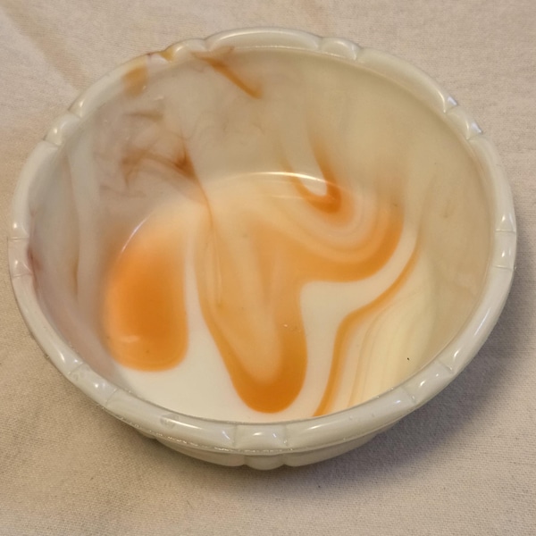 Akro Agate Uranium Glass Creamsicle Candy Dish footed slag glass marble orange swirls