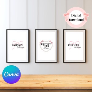 Healing Wall Art Set – 3 Printable Quotes, Mental Health Decor, Self Care Affirmation Prints, Ribbon Modern Art for Office or Bedroom