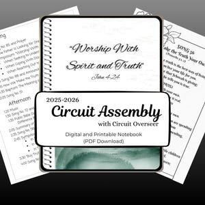 Könnte beinhalten: Ein digitales und druckbares Notizbuch mit dem Text "Worship With Spirit and Truth" und "Circuit Assembly" mit dem Kreisaufseher. Das Notizbuch ist für die Jahre 2025-2026.