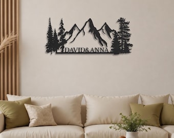 Personalized Metal Wall Art, Custom Landscape Sign,  Couple Name Decor, Housewarming Gift, Mountain Range Metal Sign, Nature Lover Art