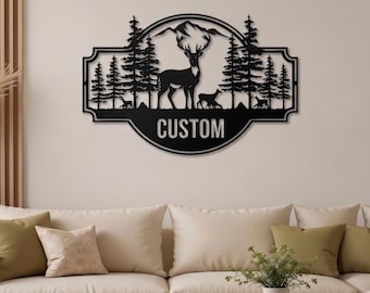 Custom Deer Family Metal Wall Art, Personalized Cabin Sign, Mountain Forest Decor, Housewarming Gift, Woodland Family Name Sign
