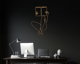Minimalist Metal Woman Reading Wall Art – Modern Line Sculpture