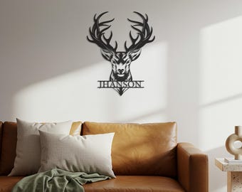 Personalized Deer Head Metal Wall Art, Custom Name Hunting Lodge Decor, Rustic Cabin Wall Sign, Modern Wildlife Home Decoration