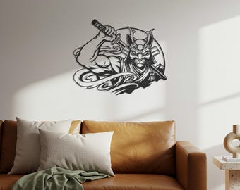Samurai Cat Metal Wall Art, Katana Mask, Anime Gamer Room Decor