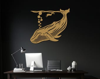 Escultura de pared metálica de ballena y buceador, escultura de vida marina costera