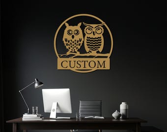 Custom Owl Metal Wall Art, Personalized Name Sign, Modern Family Decor, Outdoor Garden Wall Sculpture, Unique Bird Lovers Gift