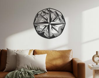 Laser Cut Metal Compass Mountain Wall Art, Rustic Adventure Decor
