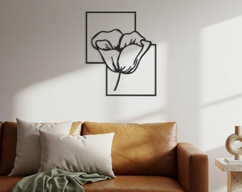 Minimalistische metalen muurkunst tulp, bloemenlijnontwerp, ijzerdecor