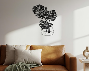 Monstera Leaf Vase Metal Wall Art: Modern Botanical Silhouette