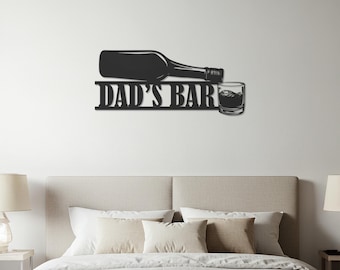 Dad's Bar Metal Wall Art – Whiskey Bottle Silhouette, Personalized Home Bar Sign