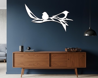 Metalen muurkunst vogel op tak, minimalistisch ijzeren silhouet