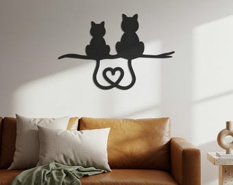 Metalen muurkunst kattenpaar – silhouet hart staart, cadeau huisdierliefhebber